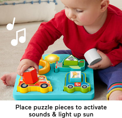 Fisher-Price Baby Sorting Toy Shapes & Sounds Vehicle Puzzle with Music & Lights for Fine Motor Play, Ages 9M+