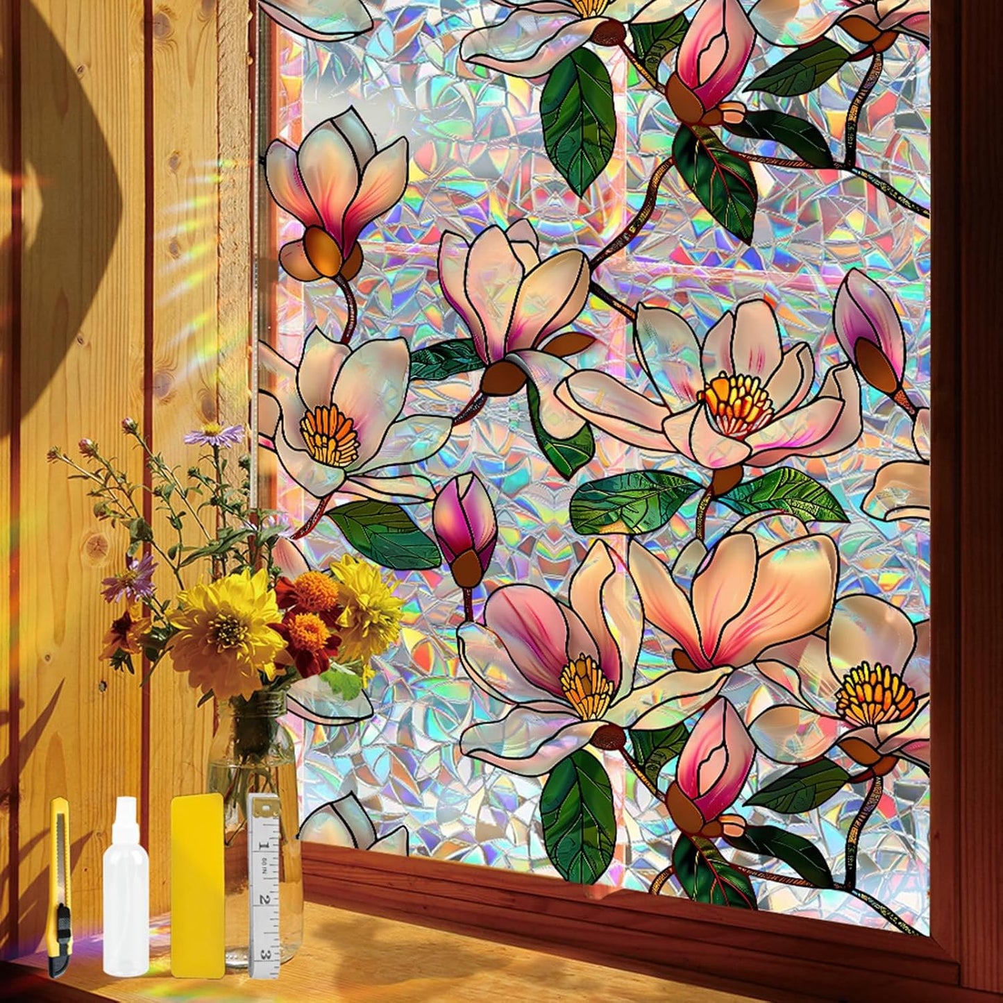 Flower Stained Glass Window Film Decorative Static Cling Stickers Sun Blocking Privacy Decals for Home Car White Lily