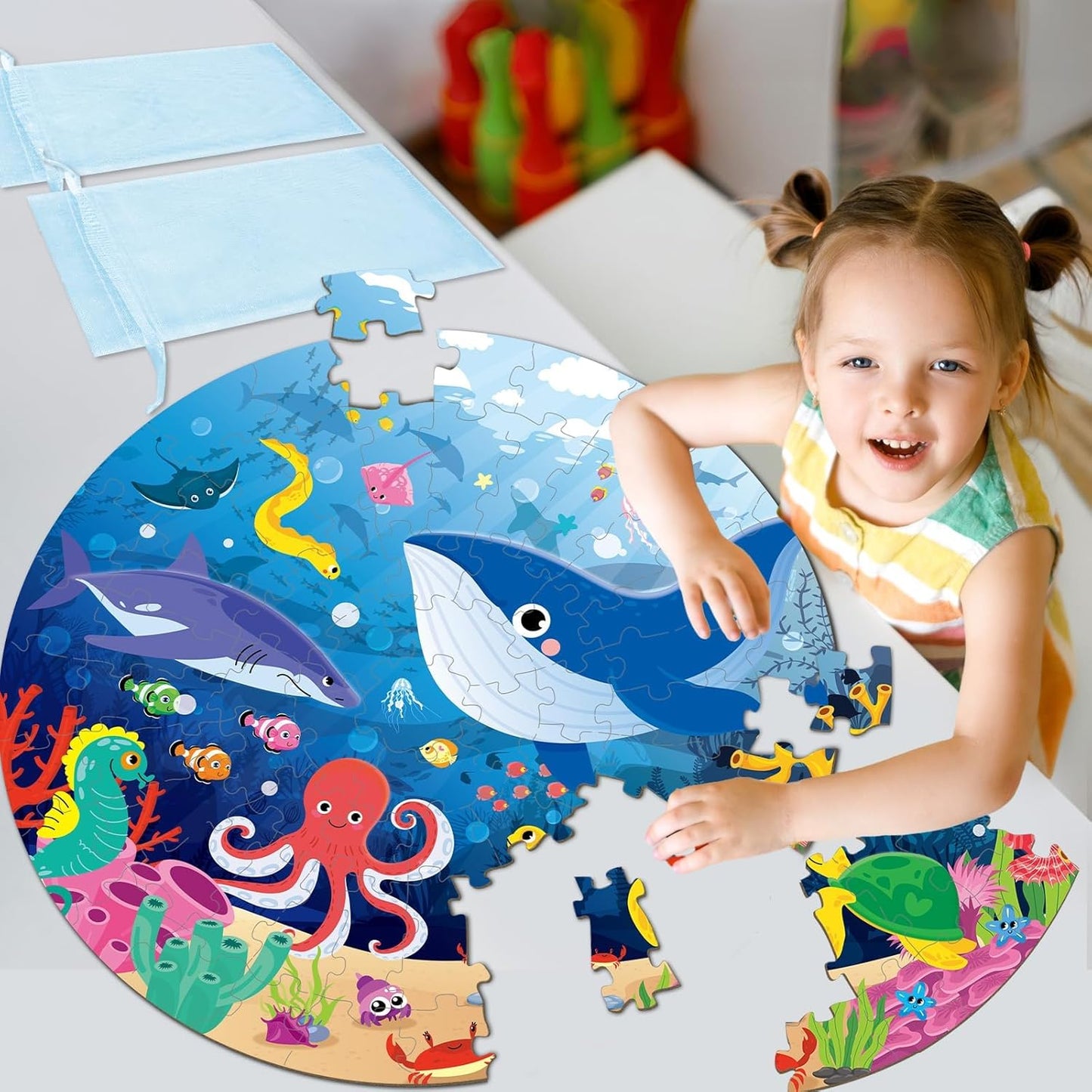 Puzzles for Kids Ages 4-8, 71 Piece Jumbo Large Underwater Ocean Floor Puzzle Sea Animals Shark Round Puzzles for Toddler Children 3-5 Educational Learning Toys for Boys Girls Birthday