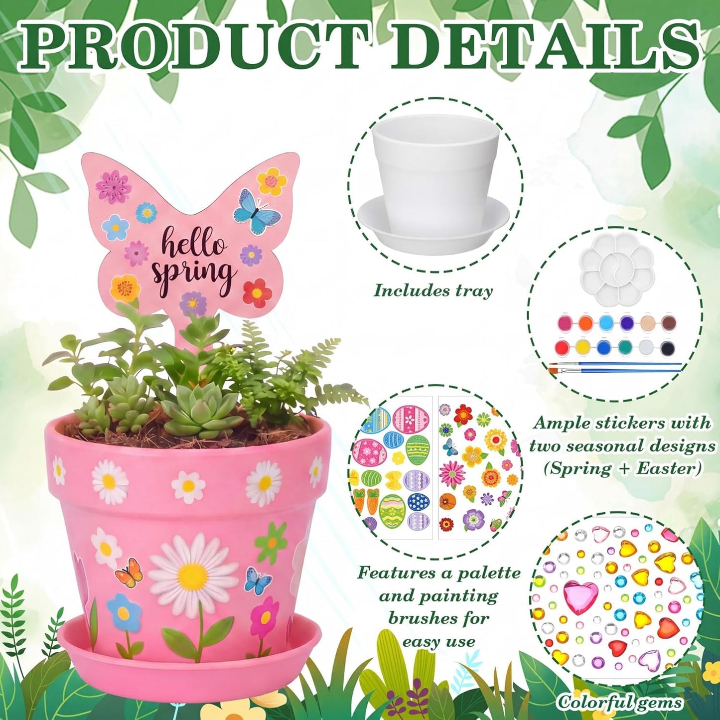 Funnymoom 48 Set Paintable Flower Gardening Kit Bulk DIY Paint and Plant Garden Plastic Flower Pot with Tray Stickers for Home Easter Party Art Mother's Day Spring Gifts Gardening Summer Activities