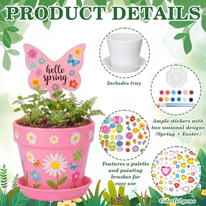 Funnymoom 48 Set Paintable Flower Gardening Kit Bulk DIY Paint and Plant Garden Plastic Flower Pot with Tray Stickers for Home Easter Party Art Mother's Day Spring Gifts Gardening Summer Activities