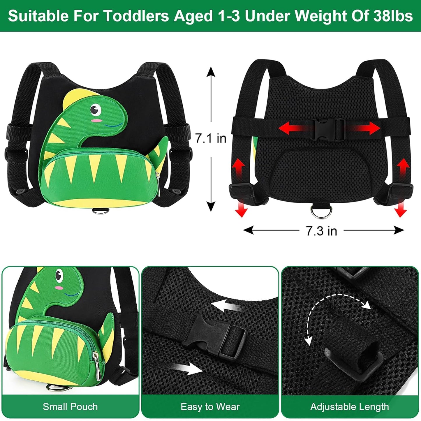 3 in 1 Toddler Harness Leash + Baby Anti Lost Wrist Link, Accmor Cute Dinosaur Child Safety Harness Tether, Kids Walking Wristband Assistant Strap Belt for Parent Boys Outdoor Activity (Black)