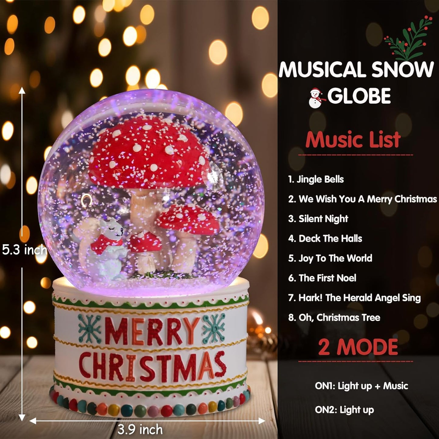 VCUTEKA Christmas Snow Globe, Musical Snow Globes for Girls with Light Up Mushroom and Squirrel, Christmas Snow Globe Decoration Gift, Battery Operated Snowglobes Christmas Décor