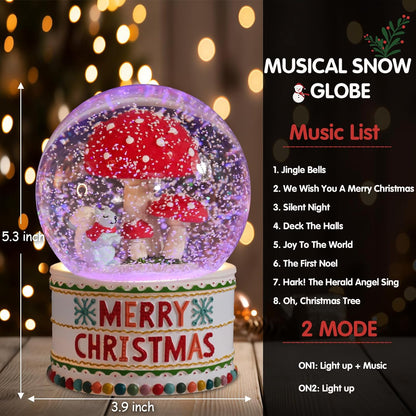 VCUTEKA Christmas Snow Globe, Musical Snow Globes for Girls with Light Up Mushroom and Squirrel, Christmas Snow Globe Decoration Gift, Battery Operated Snowglobes Christmas Décor