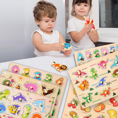 LOYUEGIYO 6PCS Toddler Wooden Peg Puzzle Toys for Age 2-4 3-5 Year Old Boys Girls,Educational Learning Sensory Toy,Puzzles for Toddlers Kids,Dinosaur&Ocean&Alphabet&Number Shape&Animal&Fruit Puzzles