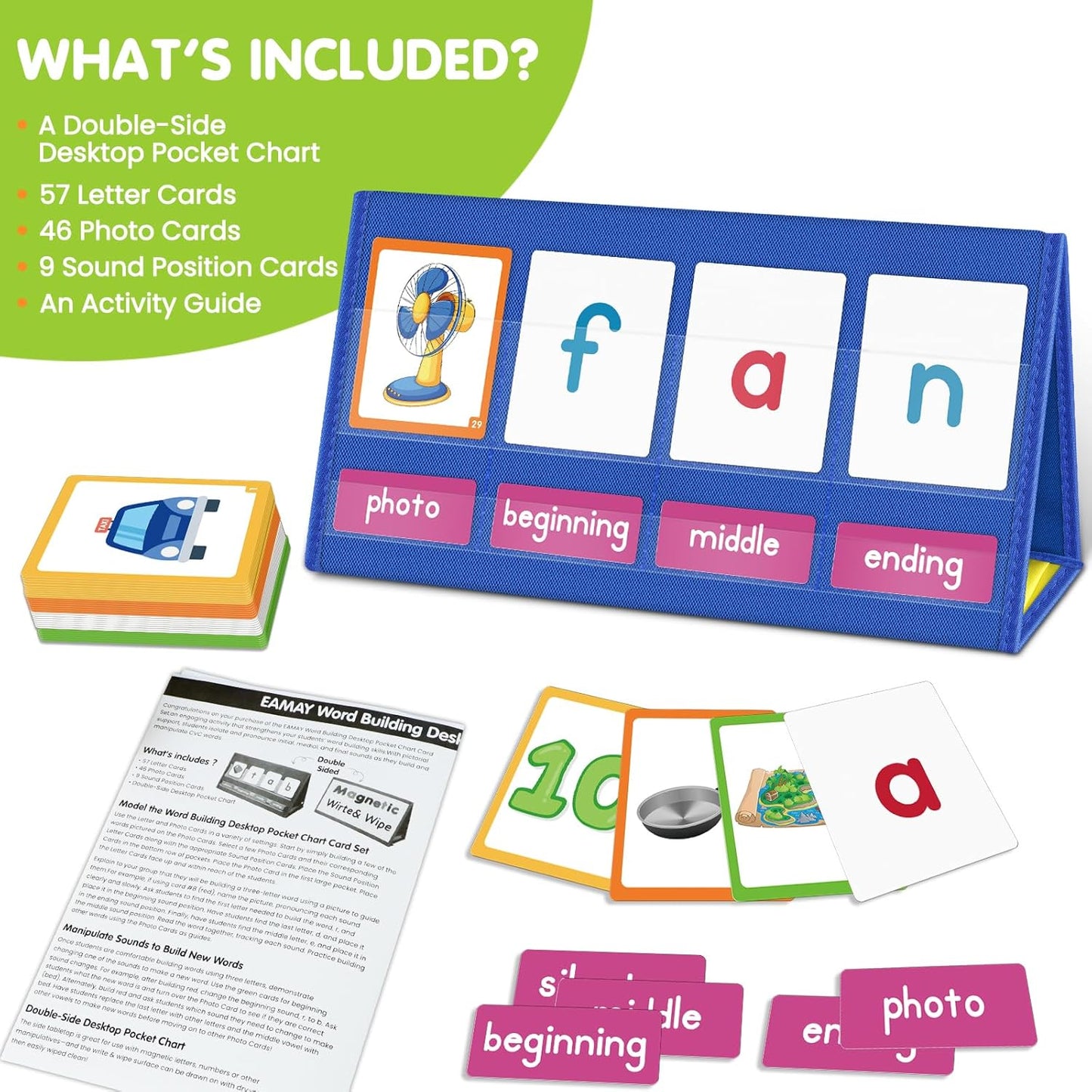 EAMAY CVC Word Building Desktop Pocket Chart Stand with Magnetic Write & Wipe Boards Tent & Cards Kit,Reading Spelling Phonics Games for Kids, Kindergarten Classroom Must Haves!