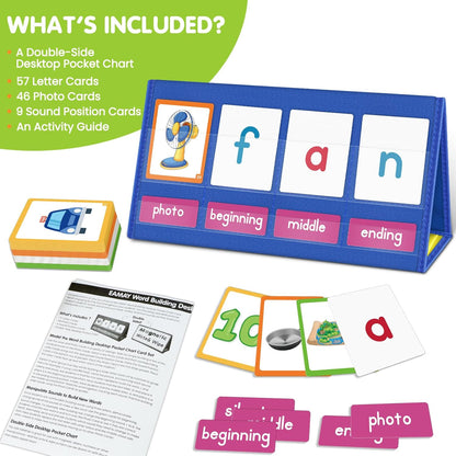 EAMAY CVC Word Building Desktop Pocket Chart Stand with Magnetic Write & Wipe Boards Tent & Cards Kit,Reading Spelling Phonics Games for Kids, Kindergarten Classroom Must Haves!