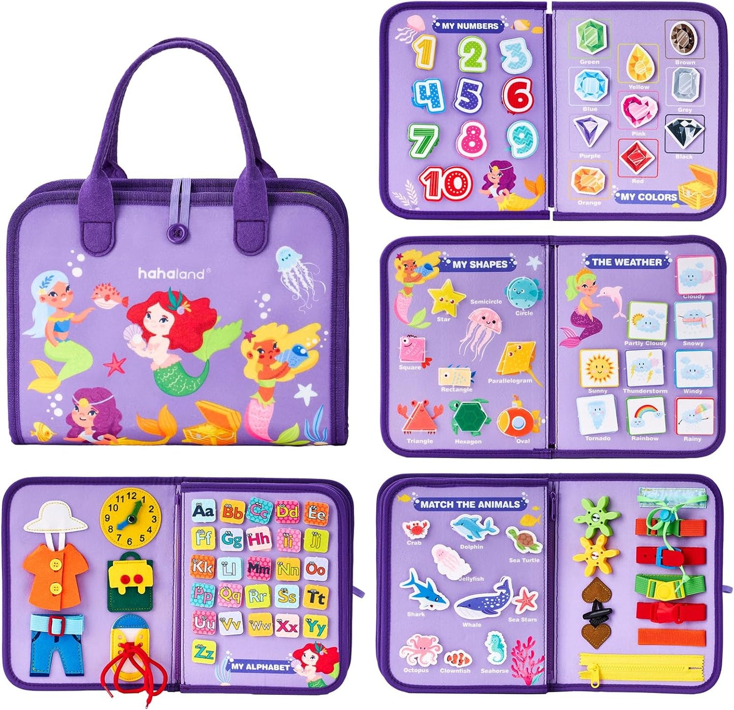 hahaland Busy Board for Toddlers - Montessori Toys Preschool Learning Activities with Life Skills, Alphabet, Number, Shape, Color, Animal, Weather - Toddler Boy Learning Educational Toys, Travel Toys