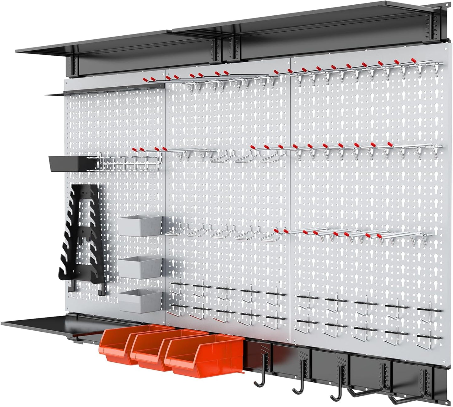 WALMANN 113 PCS Pegboard Wall Organizer Kit with Pegboard Hooks, Bins, Shelves, Pegboard Tools Storage System for Garage, Workbench, Modular Peg Board Tool Organizer Board with Hooks(Black)