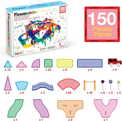 PicassoTiles 50pc Racecar Track Magnetic Tiles Educational Kids Toy with 2 Light Up Trucks STEM Preschool Learning Magnet Tile Toddler Toys Boys Girls Ages 3+ Blocks Game Puzzles Build Playset PTR50