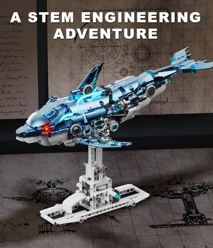Moving Mechanical Dolphin Building Set - Hand Crank Model Kit with Swimming Tail, Movable Jaw & Glowing Lights | STEM Educational Toy & Unique Desk Decor for Ages 8+, Adults, Blue