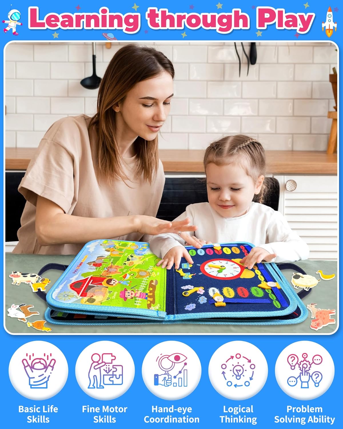 Gojmzo Busy Board Montessori Toys for Toddler Boy Girl Birthday Gifts, Busy Book Sensory Toys for Toddlers, Learning Educational Toddler Travel Activities