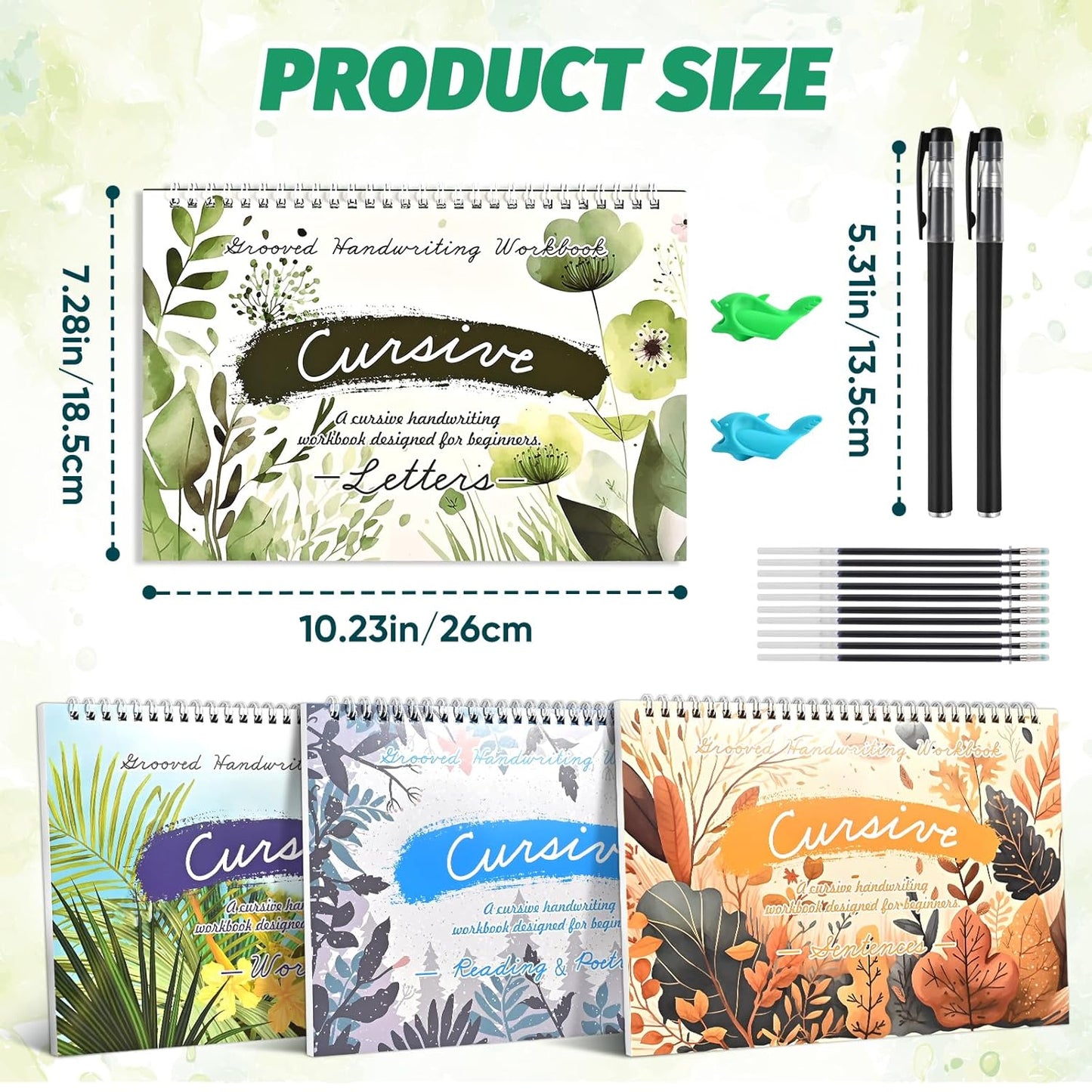 4-Pack Reusable Grooved Cursive Handwriting Workbooks with Disappearing Ink Pens, Cursive Practice Kit for Letters, Words, Sentences & Reading, Cursive Handwriting Workbook Ages 6–12