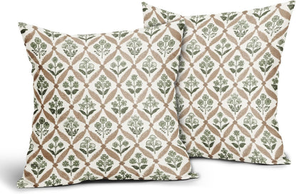 Blue Green Floral Block Print Pillow Covers 12X20 Set of 2, Flower Pattern Spring Summer Print Decorative Throw Pillow Covers Outdoor Farmhouse Seasonal Cushion Case Couch Sofa Bed Decor