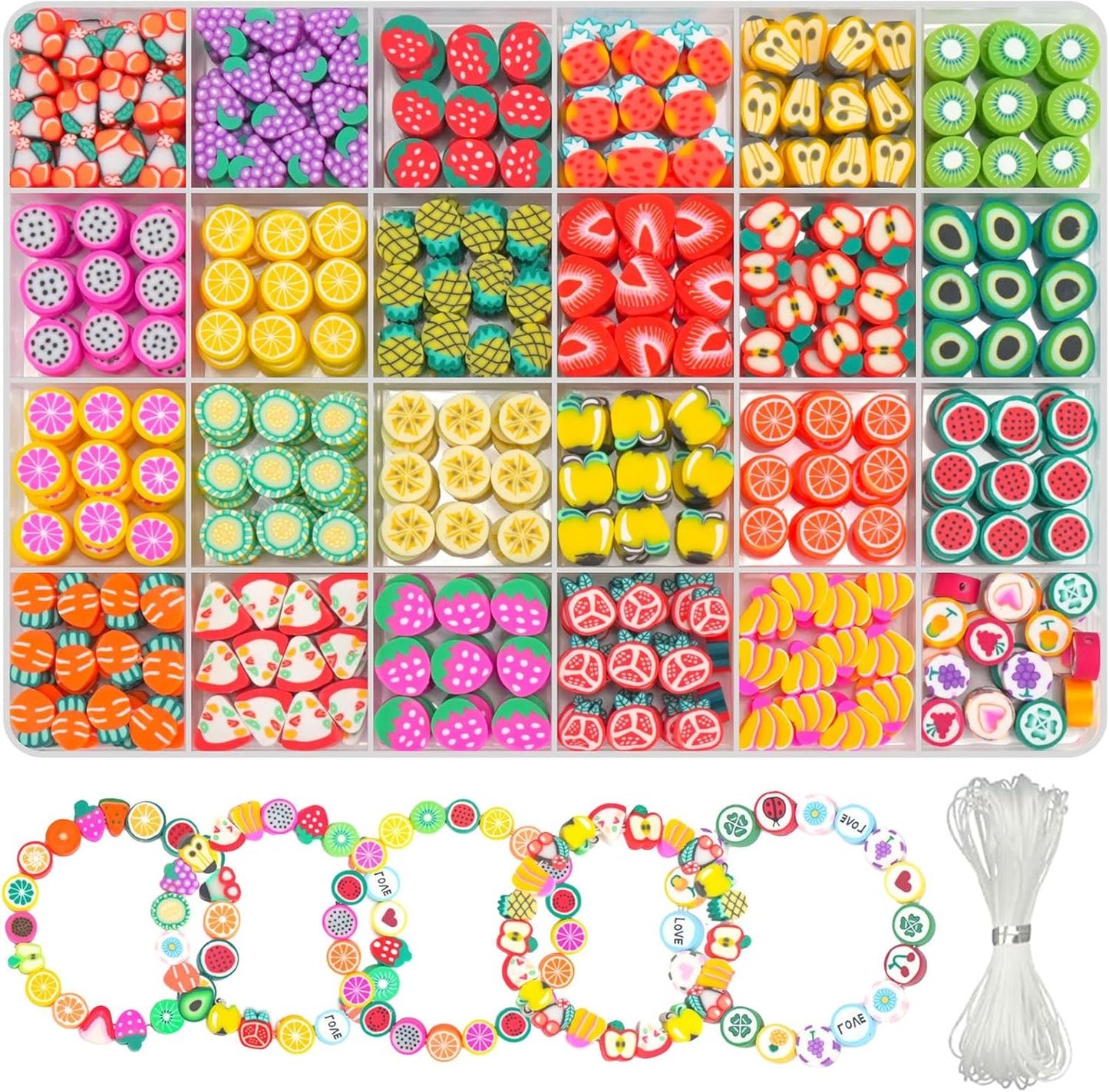 Gionlion 1200 Pcs Polymer Clay Beads Bracelet Making Kit, 25 Style Animal Fruit Flower Butterfly Bunny Pony Letter Beads Charms for Jewelry Making, DIY Art and Crafts Toys Gifts