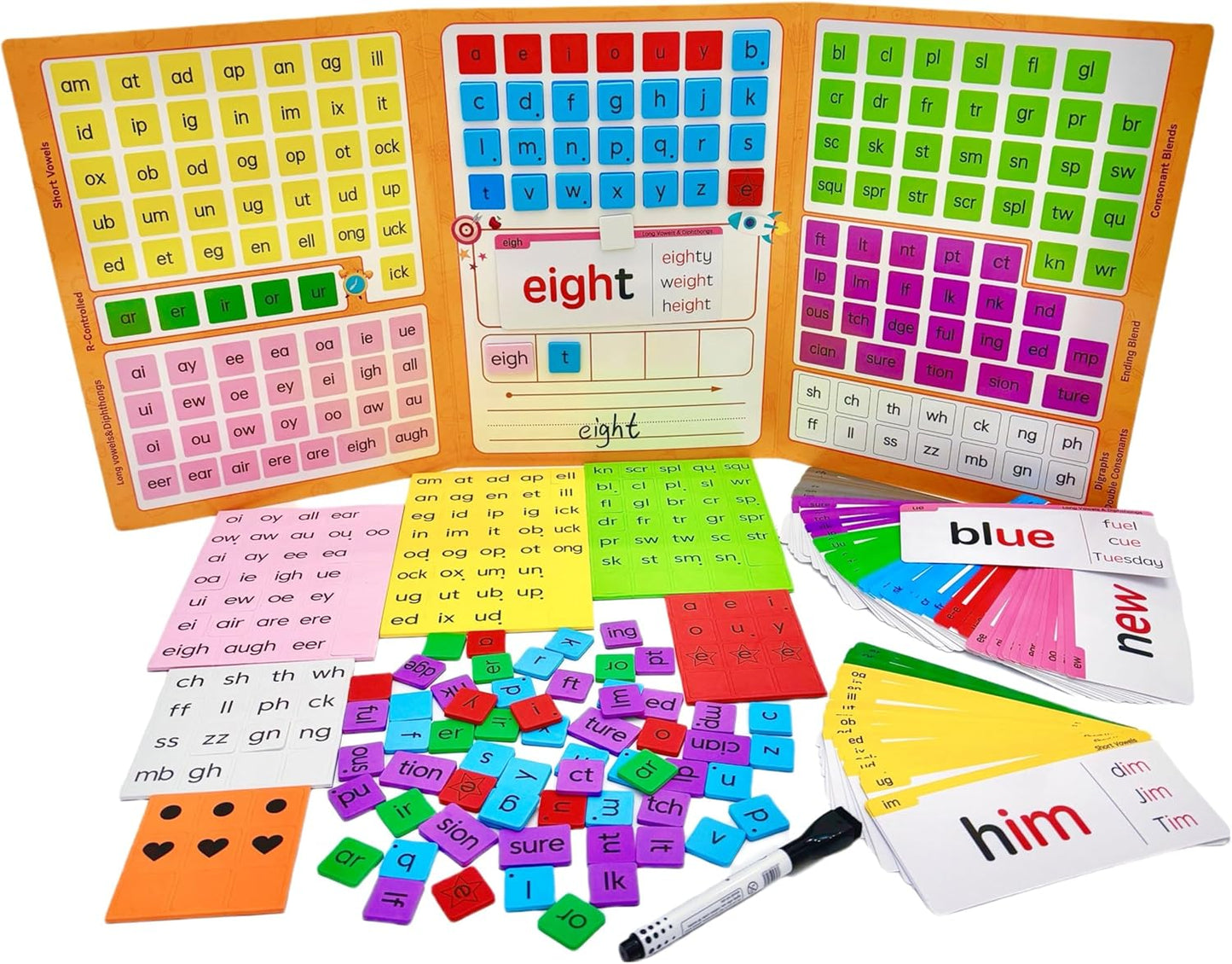 Phonics Word Building Magnetic Tiles Set, Phonics Manipulatives, Magnetic Letter Tiles, Educational Learning Kit with 239 Foam Tiles, 90 Cards, Magnetic Folder