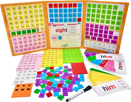 Phonics Word Building Magnetic Tiles Set, Phonics Manipulatives, Magnetic Letter Tiles, Educational Learning Kit with 239 Foam Tiles, 90 Cards, Magnetic Folder
