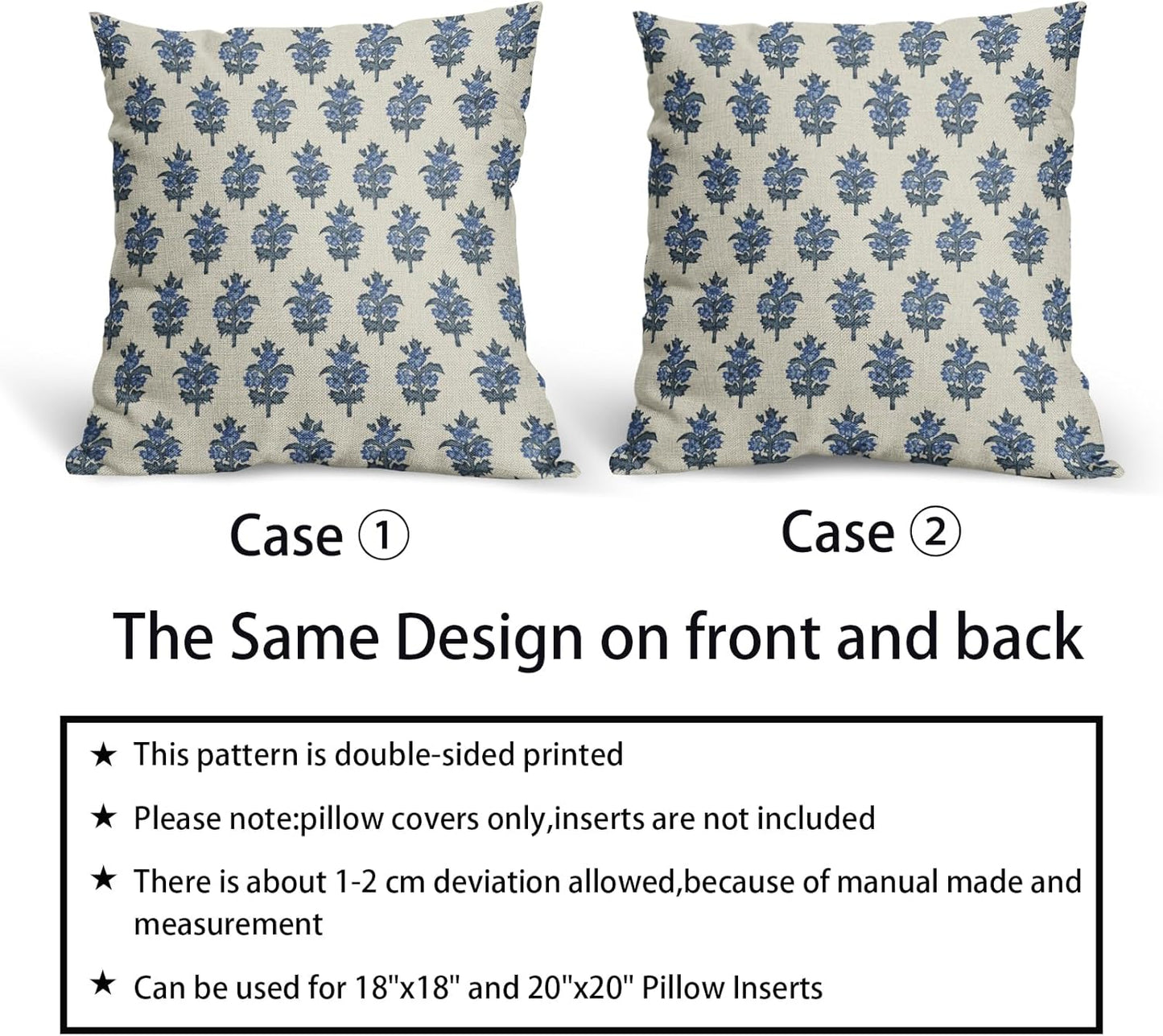 Sage Green Blue Floral Block Print Pillow Covers 18x18 Set of 2 Spring Flower Pattern Decorative Throw Pillowcases Outdoor Rustic Farmhouse Square Cushion Cases Decor for Home Couch Sofa Bed