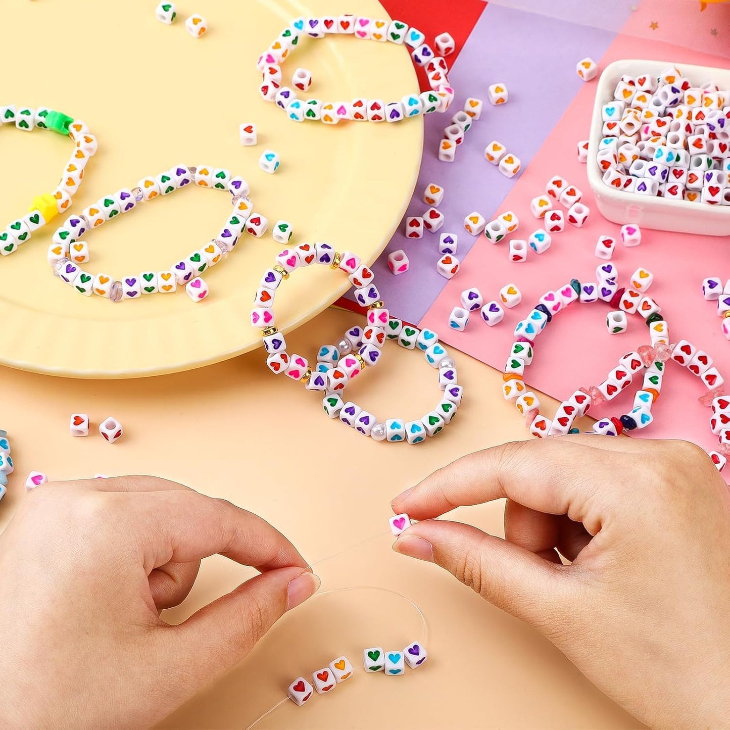 Letter Beads, Augshy 1400 Pcs Morandi Cube Alphabet Bead,Square Letter Beads with 1 Roll 10M Crystal String Cord (6mm)
