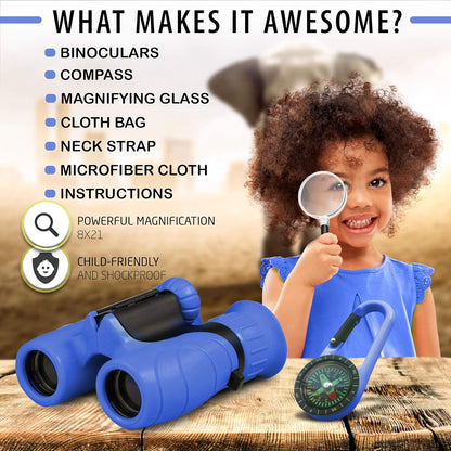 Binoculars for Kids – Perfect Toy for Little Boys and Girls – Extensive Set Incl. Magnifying Glass & Compass – Powerful Magnification 8X21 – 3 to 12 Year Old Kids for Toddler