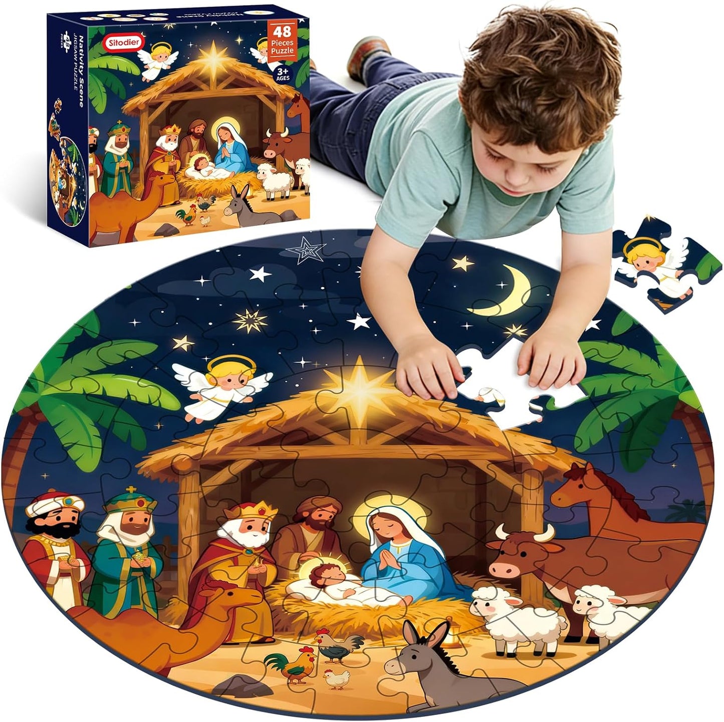 Sitodier Nativity Scene Puzzles for Kids Age 3-5 and 4-6, 48pcs Nativity Large Floor Jigsaw Puzzle Educational Toys Easter Birthday Gift for Toddlers Boys Girls Ages 3 4 5 6 Years Old
