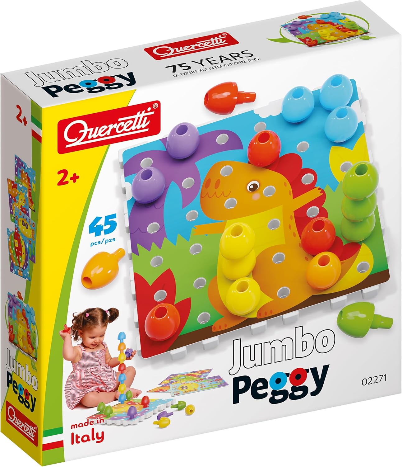 Quercetti Jumbo Peggy Stacking and Button Art Toy - Medium Set includes Illustrated Pattern Cards, 9 Linking Peg Boards and 36 Multi-Color Pegs, for toddlers and kids ages 2-4 years