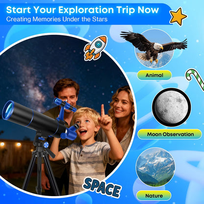 Hawkko Telescope for Adults & Kids – 80mm Aperture 500mm Telescopes for Adults Astronomy, (20X-150X) Portable Refractor Telescope Kit for Beginners with Decorate Stickers, AZ Tripod, Phone Adapter