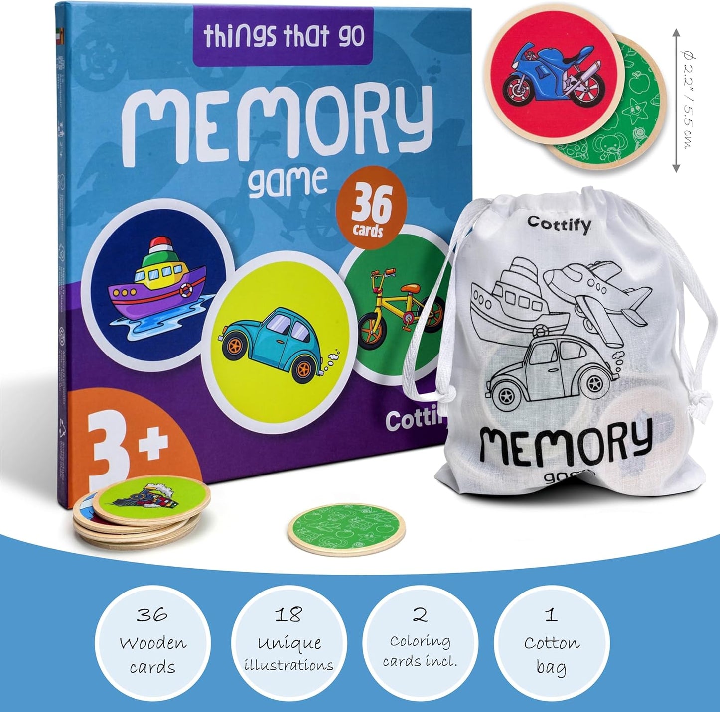 Montessori-Inspired Wooden Matching Game for Toddlers 2-4 Years - Durable, Scratch-Resistant 36 Card Set, Includes Carry Bag - Memory Game for Toddlers 2-4 Years - Cognitive Verbal Skills Development