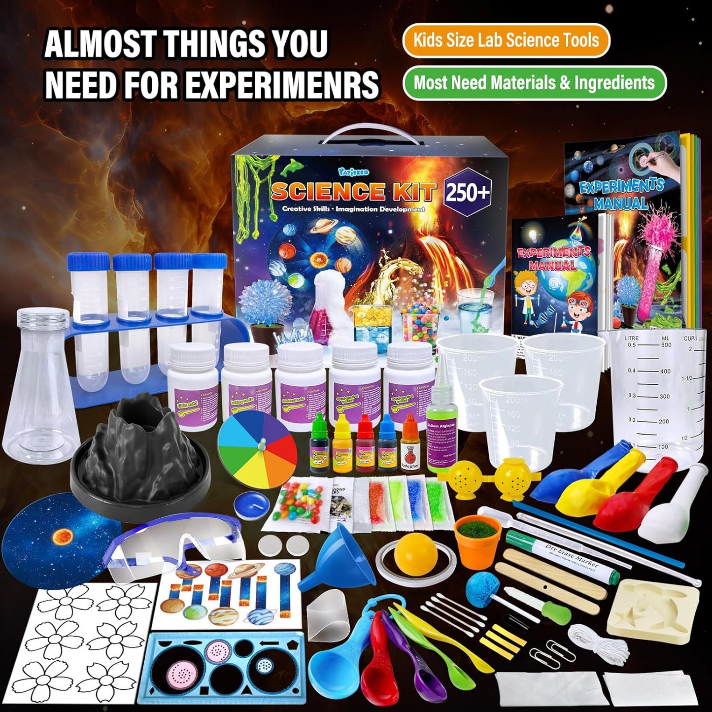 PATIFEED 250 Experiments Kits for Kids, Science S.T.E.M Projects Scientific Toys for Boys Girls Gifts Ideas Birthday Christmas, Erupting Volcano, Planet, Bouncy Ball,Chemistry Scientist Set