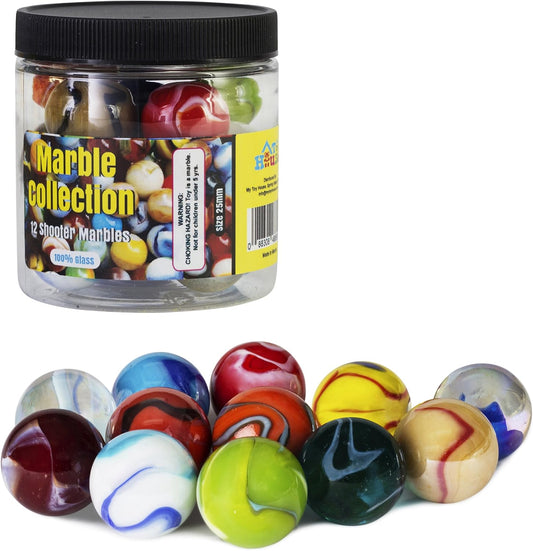 Shooter Glass Marbles with Marble Jar For Storage, Set of 12, 1-inch, Assorted Colors