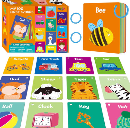 50 PCS Kid First Cognitive Flashcards,Double Sided Printed 7 in 1 Colorful Cards Alphabet,Numbers, Foods,Animals,Shapes,Colors with 3 Reclosable Rings,Learning Tool for Pre-K Kindergarten Toddlers