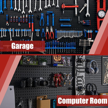 4 Pack Metal Pegboard Panels with 50 Hooks, Black Pegboard Wall Organizer, Pegboard Accessories, Heavy Duty Garage Tool Storage System for Workbench, Workshop, Office, Craft Room
