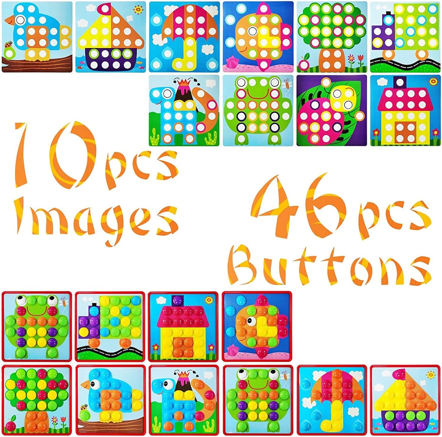 Yihurlm 58 Pcs Button Art Toys for Toddlers,Color Matching Mosaic Pegboard Early Learning Educational Toys,Toddler Activities Crafts for Toddlers,Include 12 Pictures and 46 Buttons with Box