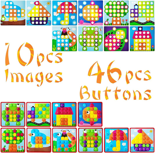 Yihurlm 58 Pcs Button Art Toys for Toddlers,Color Matching Mosaic Pegboard Early Learning Educational Toys,Toddler Activities Crafts for Toddlers,Include 12 Pictures and 46 Buttons with Box