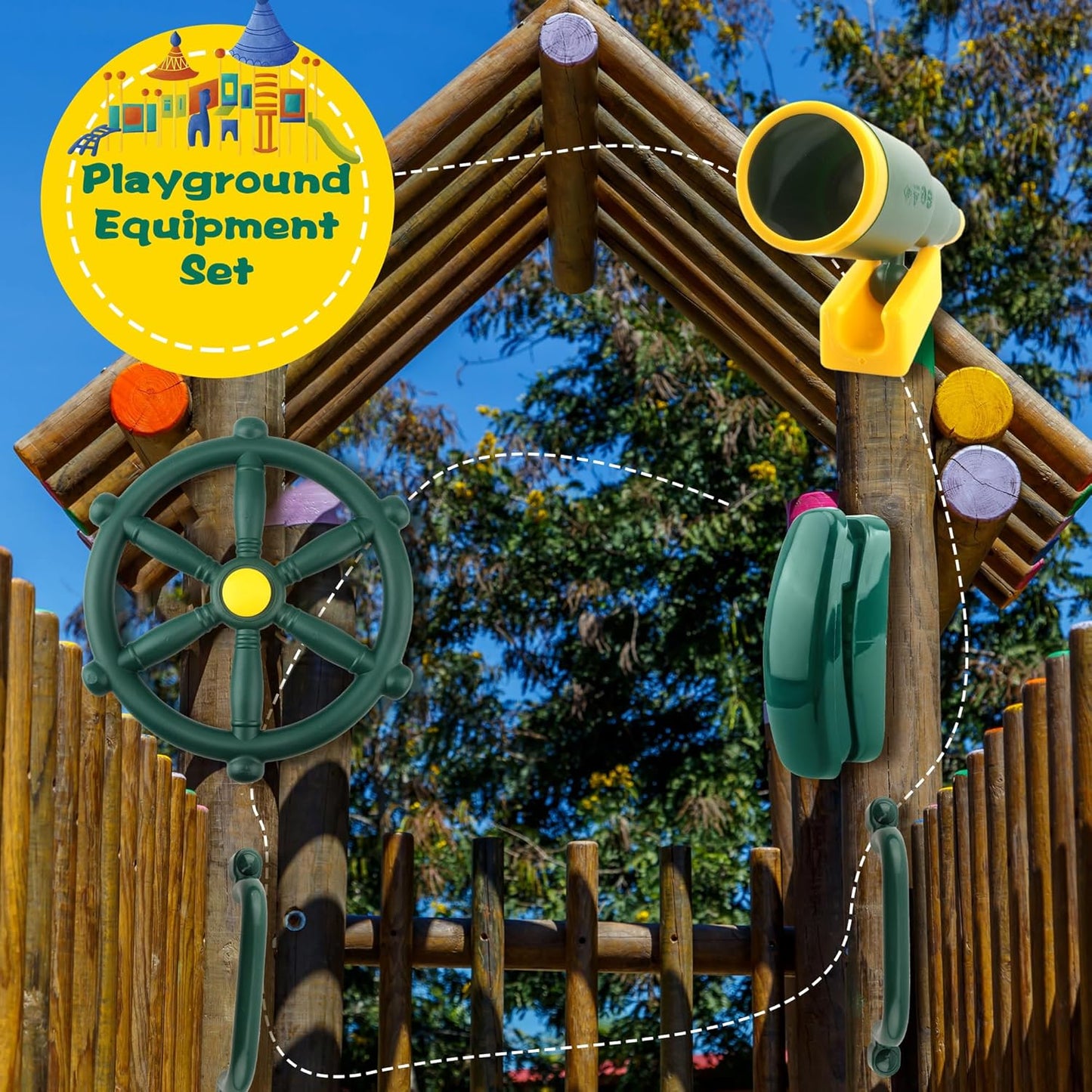 5 Pcs Kids Playground Accessories for Kids Outdoor Plastic Steering Wheel Swingset Phone Pirate Telescope Telephone Safety Handle for Child Backyard Tree House Playhouse Jungle Gym (Yellow Set 1)