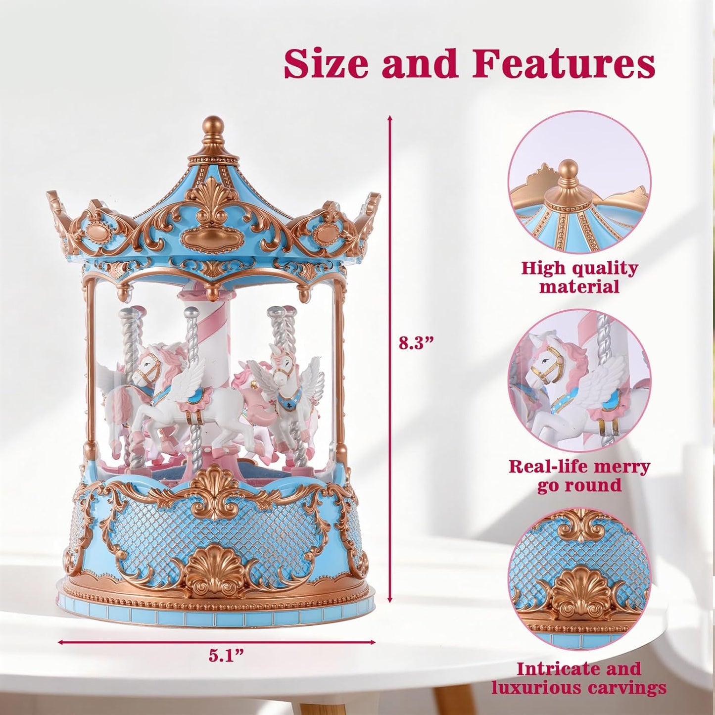 Gifts for Mom Pink Carousel Horse Snow Globe Music Box with Rotating Horses Musical Unicorn Snow Globe with Glitter for Girls, Women, Mom, Birthday Gifts Home Decorations (Pink Silver Carousel)