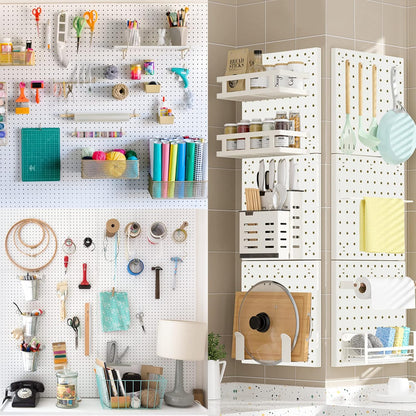 4Pcs Peg Board Panels, White ABS Pegboard Wall Mount, Easy Installation for Craft Room, Garage, Kitchen, Workshop