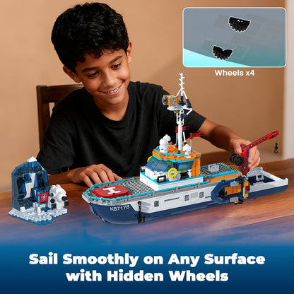 City Boat Building Set with LED Lights, Arctic Explorer Ship Toy Gift for 8 Year Old Boys and Girls, with Helicopter, Drone, Speedboat, Submersible, Iceberg, and Polar Bears