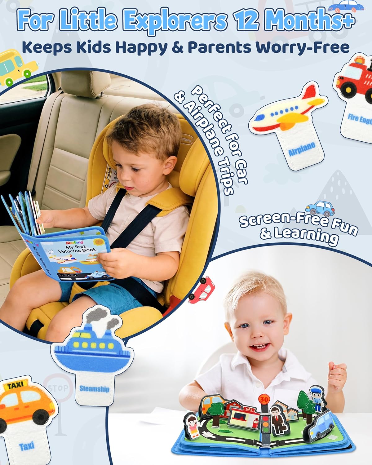 Meafeng Vehicles Educational Book for Toddlers 1–3, Montessori Quiet Activity & Learning Book with Cars, Trucks & Firefighters, Educational Toy for Early Learning, Travel Toy for Car & Airplane Trips