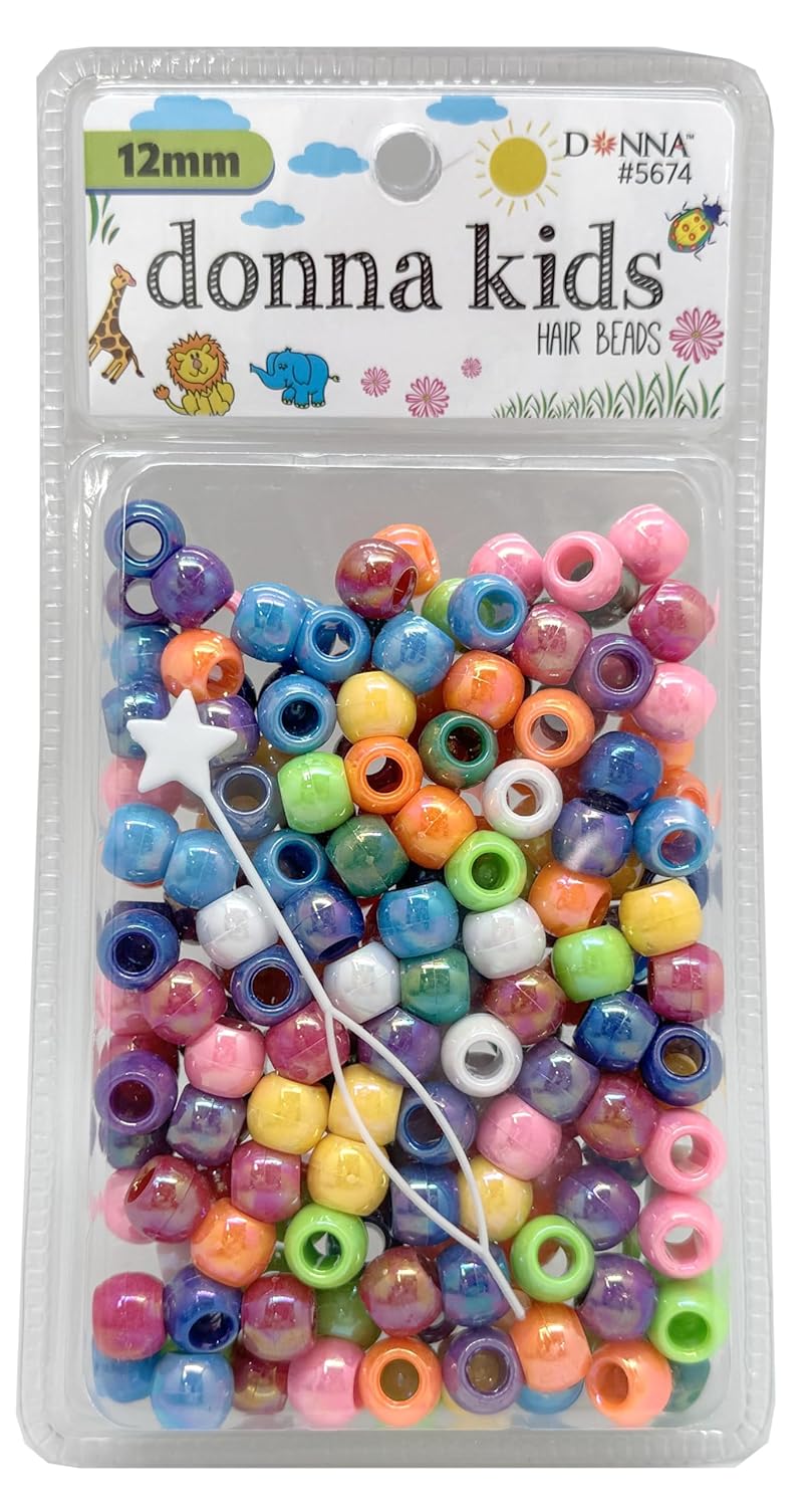 DONNA Kids Hair Beads 12 mm (170 pcs) – Clear Pearl Pony Beads with Threading Tool – Fun Braiding & Craft Accessories for Girls