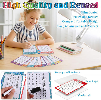14Pcs Multiplication Flash Cards 0-12, Time Table Flash Cards Chart, Large Math Table Flashcards with 2 Dry Erase Markers & 1 Ring, Educational Math Flashcard for Classroom Home, for 1st to 3rd Grades