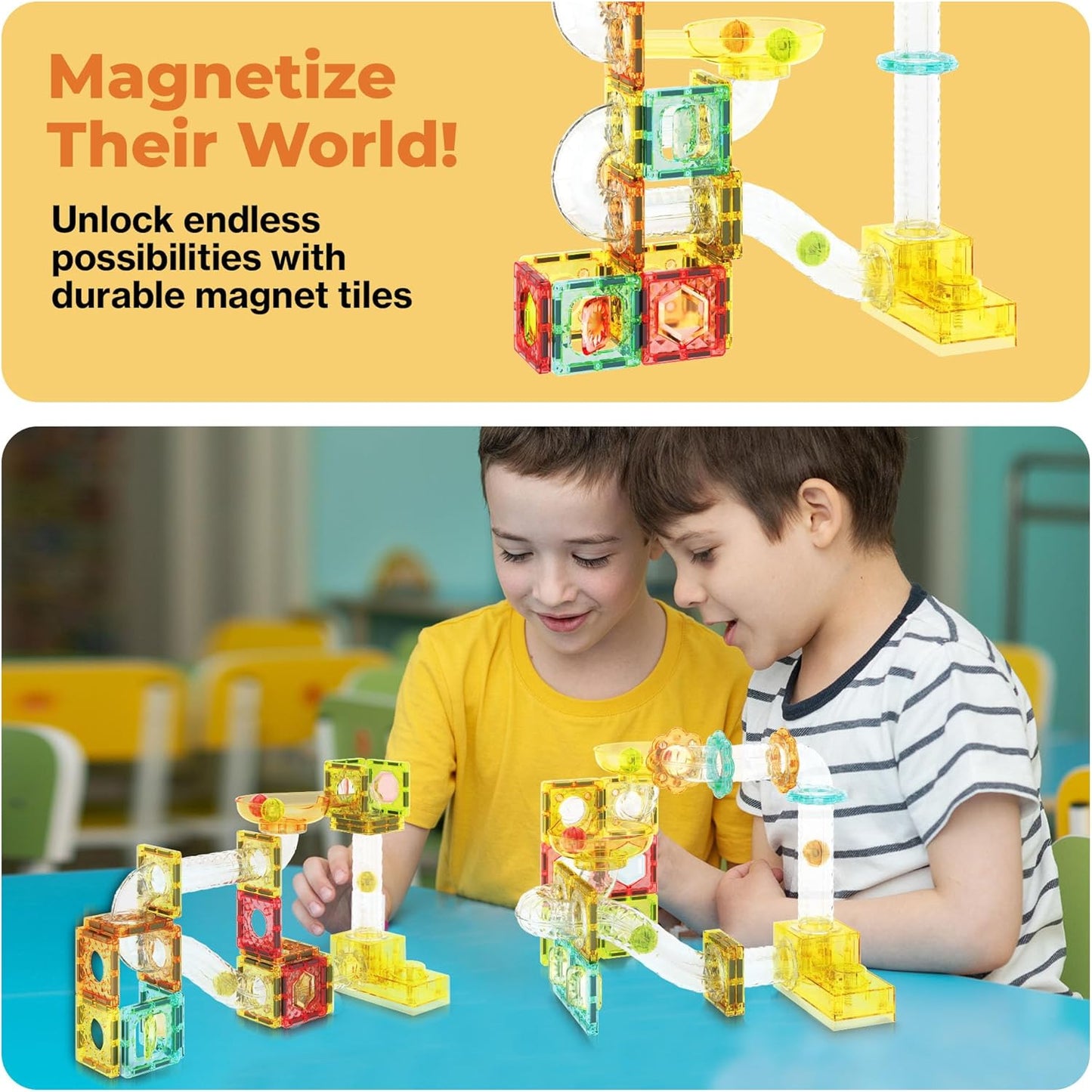 PicassoTiles Marble Run 60 Piece Race Track Magnetic Tiles Magnet Building Block Educational Construction Toy Set Playset STEM Learning Kit Child Brain Development HandEye Coordination Training PTG60