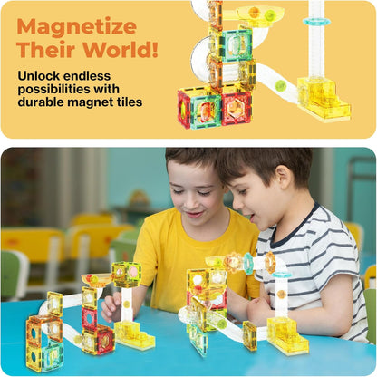 PicassoTiles Marble Run 60 Piece Race Track Magnetic Tiles Magnet Building Block Educational Construction Toy Set Playset STEM Learning Kit Child Brain Development HandEye Coordination Training PTG60