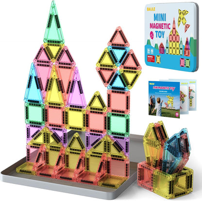 BAIJLE 46PCS Mini Magnetic Tiles, for Kids, Portable Magnetic Toys Travel Set with Iron Case for Kids Ages 4-8,Creativity Boosting Building Toys Set,Toddler Puzzle for Boys and Girls Ages 3+