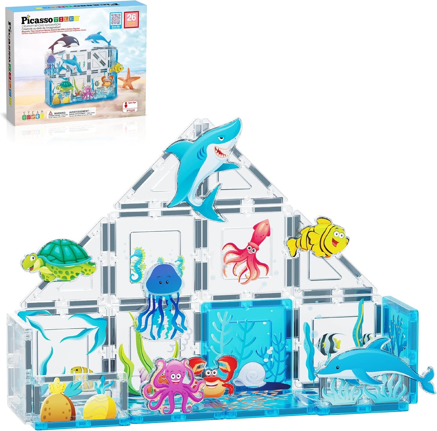 PicassoTiles Magnetic Tiles Magnet Tile Building Blocks Marine Animal World Themed Set with 8 Ocean Character Action Figures STEM Learning Toy Construction Toddlers Boys Girls Ages 3+ PTQ25