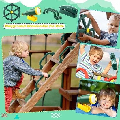 5 Pcs Kids Playground Accessories for Kids Outdoor Plastic Steering Wheel Swingset Phone Pirate Telescope Telephone Safety Handle for Child Backyard Tree House Playhouse Jungle Gym (Yellow Set 1)