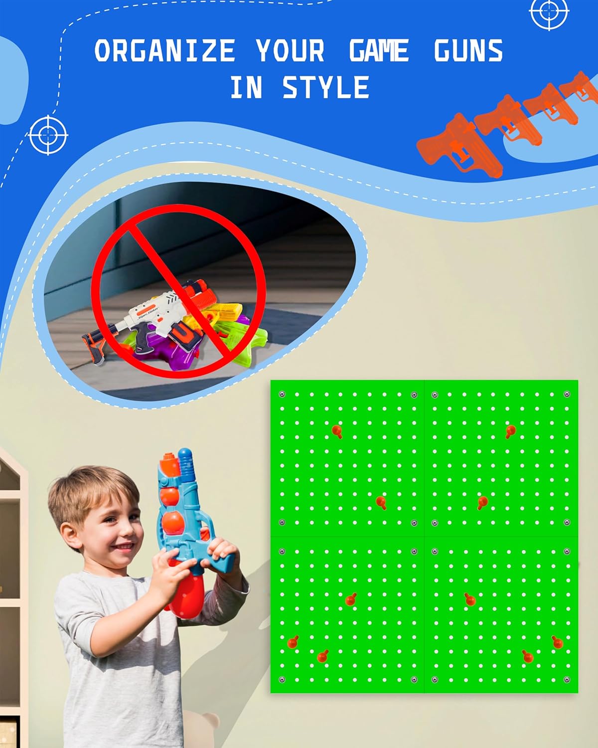 Skywin Wooden Pegboard for Nerf Gun Storage, Nerf Gun Wall Mount Eagle Shape, Compatible with All Blasters, Rack for Wall Organization - Birthday Gift for Kids (Orange)
