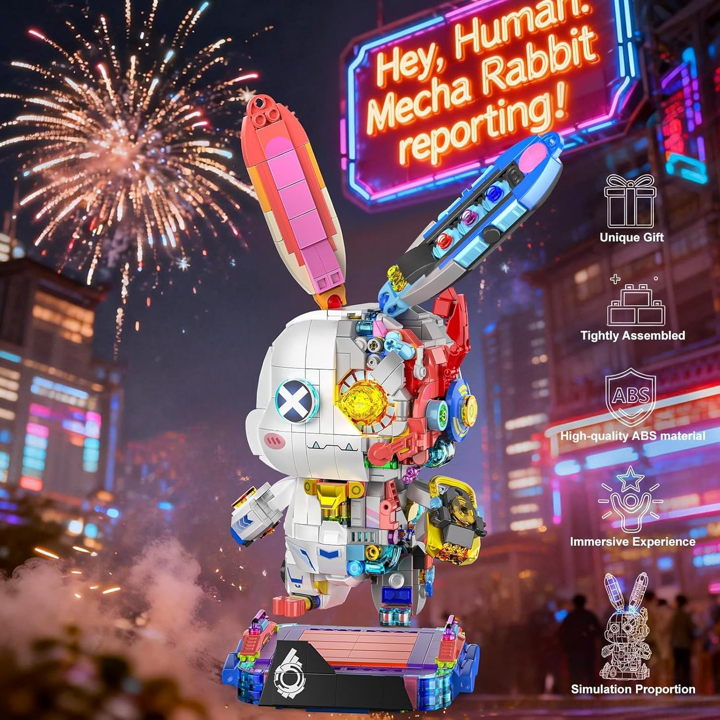 Mechanical Bunny Building Set for Adults,LED Light-Up Eyes Cute Cyberpunk Bunny Building Toy with Display Stand,STEM Poseable Animal Model Kit for Kids,for Boys Girls 8-14+ (1377PCS)