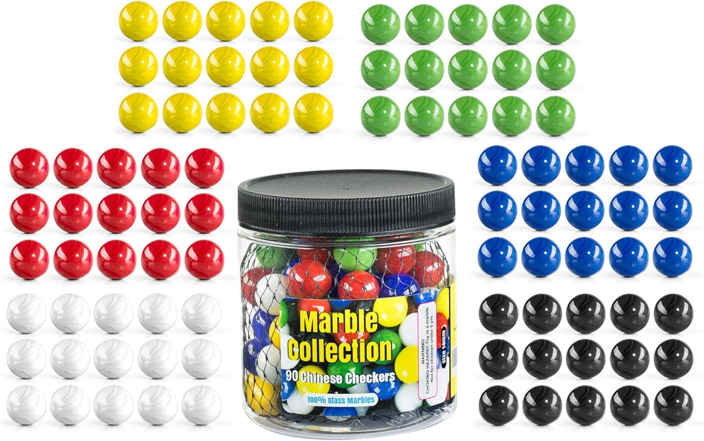 Chinese Checkers Glass Marbles. Set of 90, 15 of Each Color. Size 9/16” (14mm), with Practical Container…