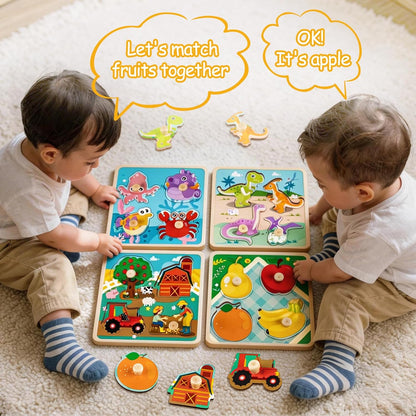 Wooden Puzzles for Toddler Peg Puzzle Toys, Wooden Jigsaw Puzzles Zoo Animal Patterns Puzzle with Handles Educational Montessori Puzzles
